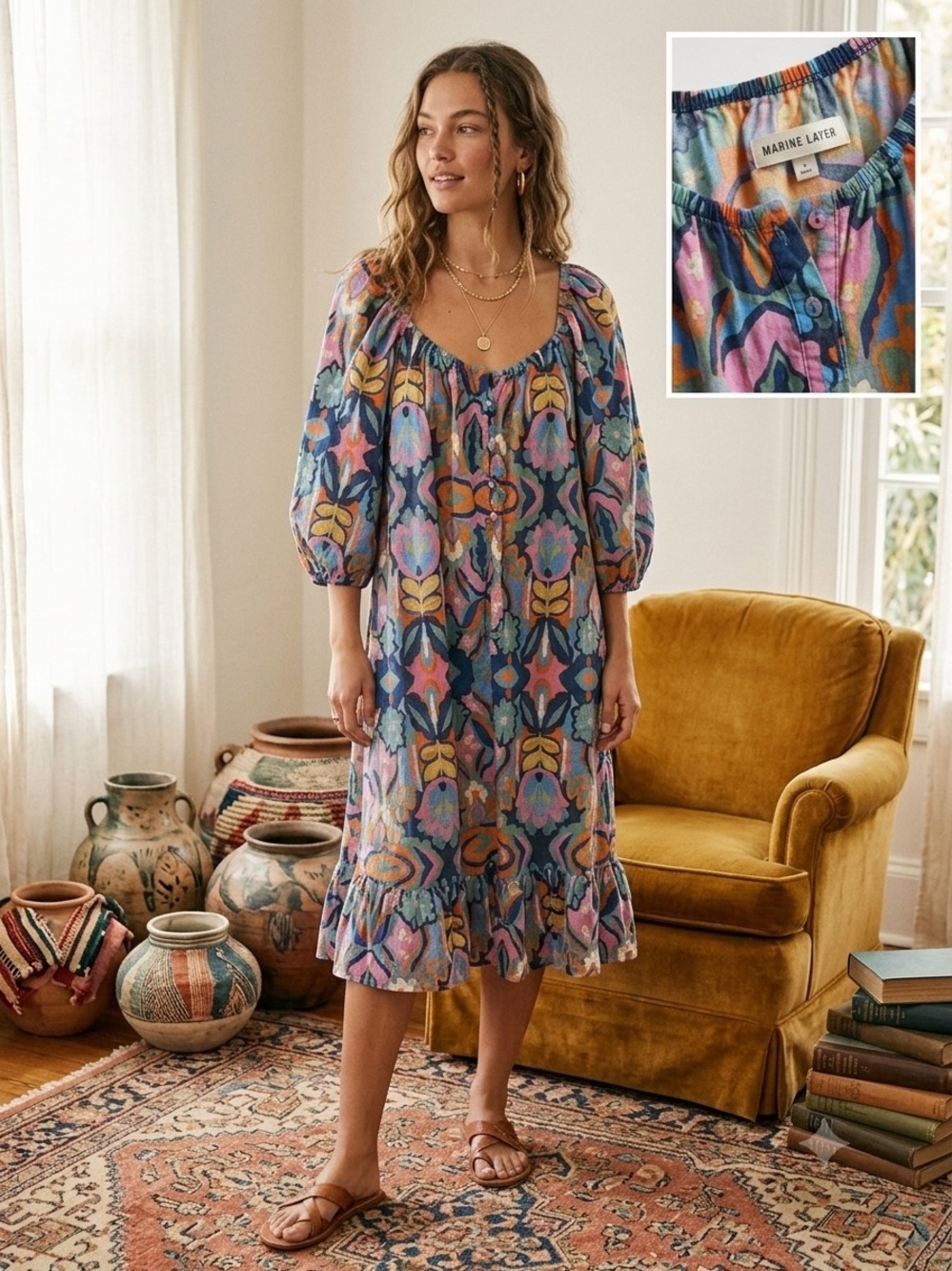 Marine Layer Multi Artsy Boho Resort Dress Puff Sleeve , Small